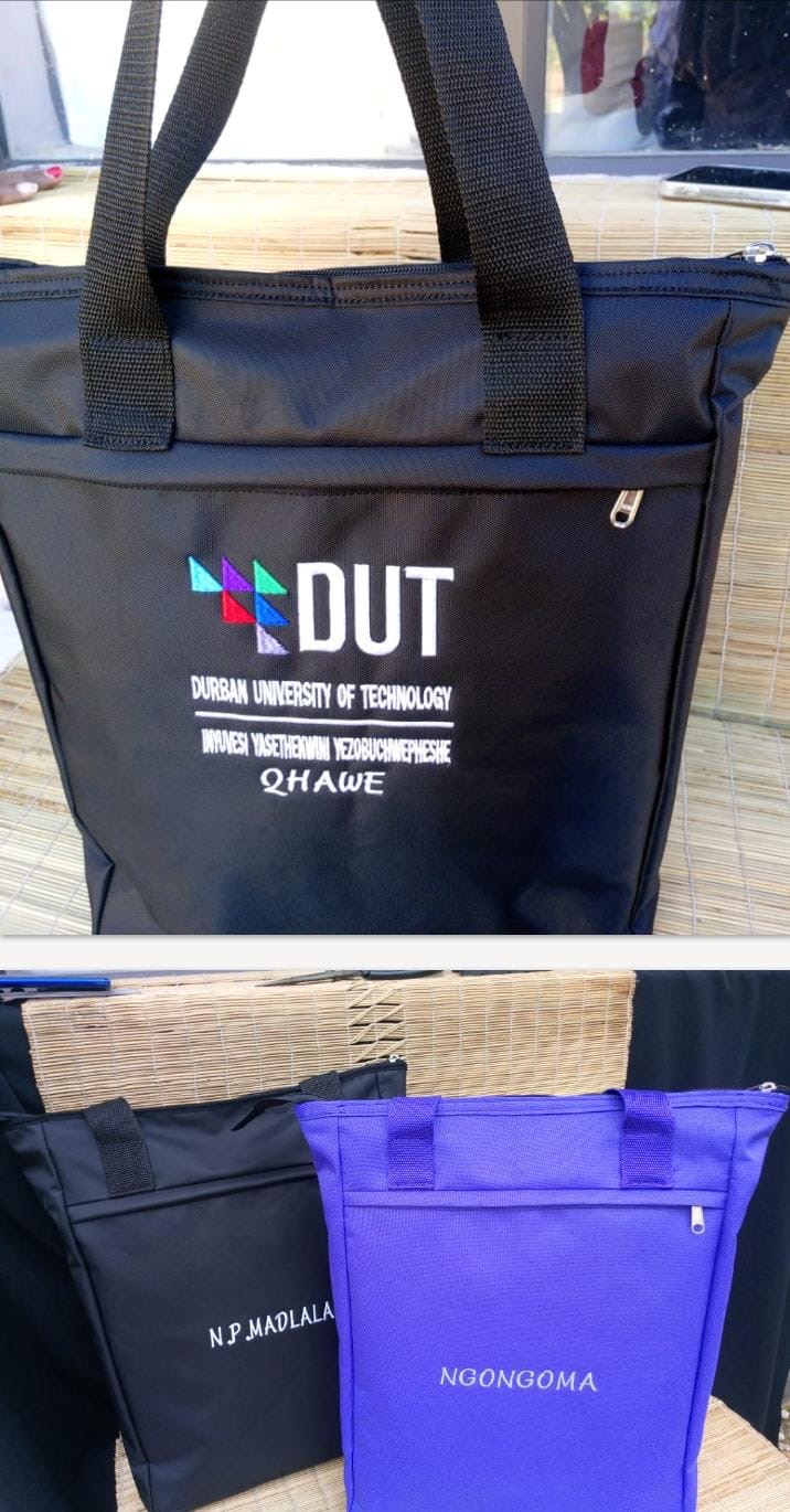 Black tote bag with DUT Durban University of Technology embroidery